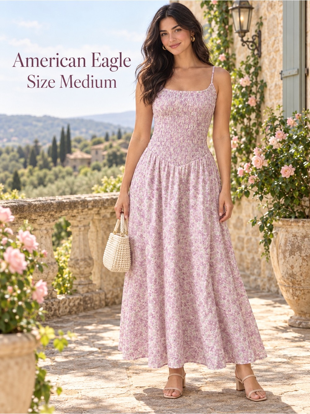 American Eagle Pink Floral Smocked Drop Waist Cotton Maxi Dress M